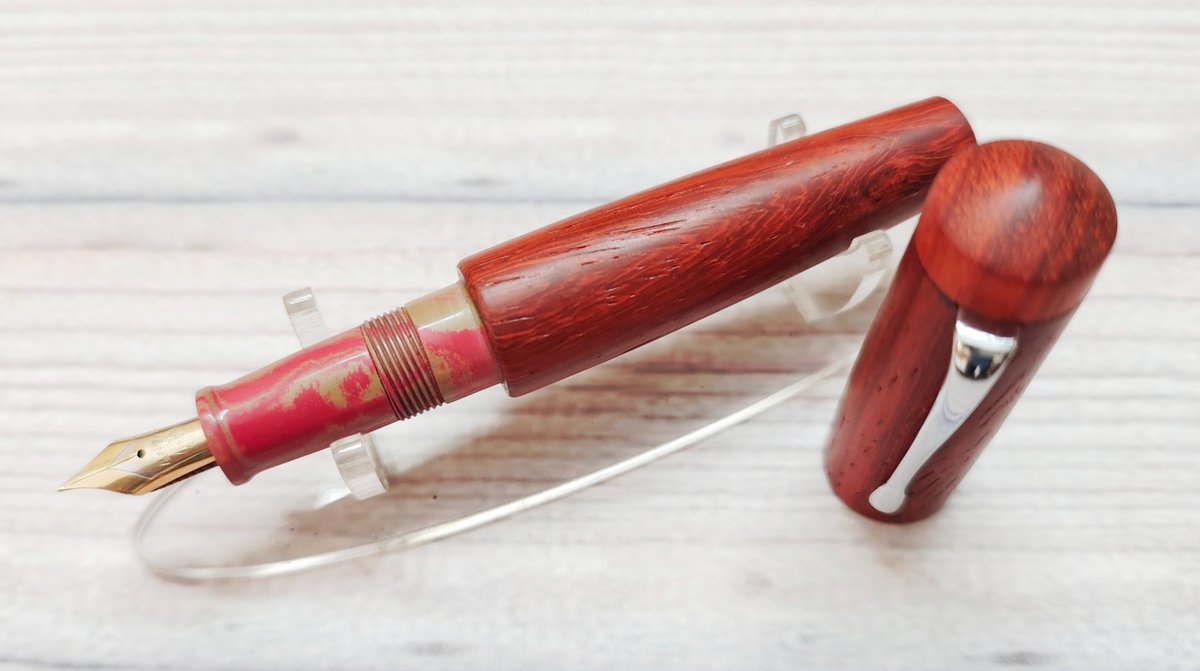 Finished up: redwood pen holding Montblanc nib with red woodgrain ebonite.