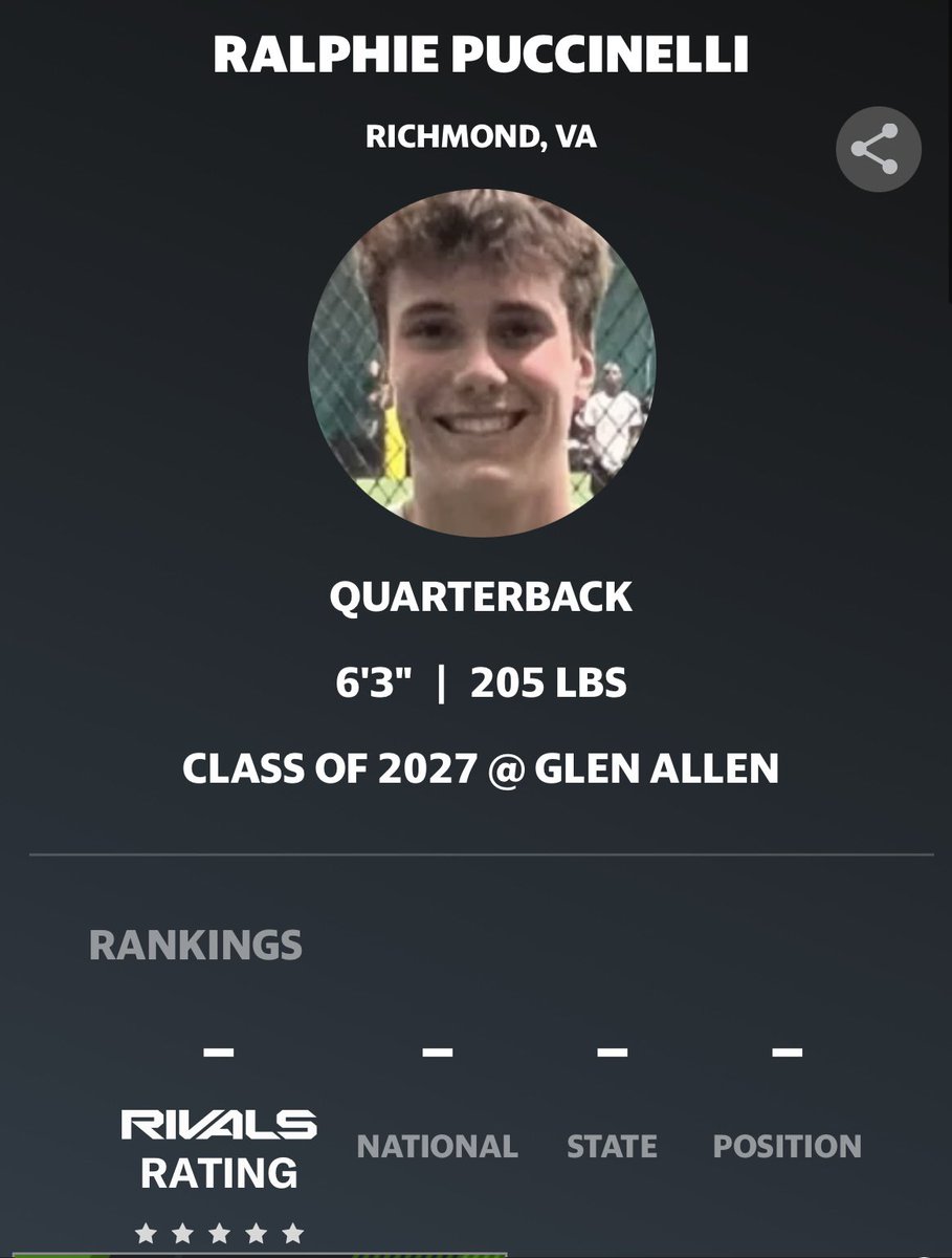 Ralphie Puccinelli 6’3”- 215lbs QB 27’ (@rpooch12) on Twitter photo Excited to attend my first <a href="/RivalsCamp/">Rivals Camp Series</a> this April in CLT! More to come!
<a href="/adamgorney/">Adam Gorney</a> <a href="/Rivals/">Rivals</a>Wardlaw <a href="/SWiltfong_/">Steve Wiltfong</a> <a href="/Stumpf_Brian/">Brian Stumpf</a> <a href="/QBHitList/">QBHitList.com</a> <a href="/247recruiting/">247Sports Recruiting</a> <a href="/247Sports/">247Sports</a> <a href="/CoachSexton16/">Coach Malik Sexton Sr.</a> <a href="/undefeatedqbt/">Undefeated Quarterback Training</a> <a href="/WillVapreps/">Will Vapreps Garlick</a> <a href="/ChadSimmons_/">ChadSimmons</a> <a href="/RivalsFriedman/">Adam Friedman</a> @Rivals <a href="/GlenallenfbDASH/">Glen Allen Football</a> Excited to attend my first <a href="/RivalsCamp/">Rivals Camp Series</a> this April in CLT! More to come!
<a href="/adamgorney/">Adam Gorney</a> <a href="/Rivals/">Rivals</a>Wardlaw <a href="/SWiltfong_/">Steve Wiltfong</a> <a href="/Stumpf_Brian/">Brian Stumpf</a> <a href="/QBHitList/">QBHitList.com</a> <a href="/247recruiting/">247Sports Recruiting</a> <a href="/247Sports/">247Sports</a> <a href="/CoachSexton16/">Coach Malik Sexton Sr.</a> <a href="/undefeatedqbt/">Undefeated Quarterback Training</a> <a href="/WillVapreps/">Will Vapreps Garlick</a> <a href="/ChadSimmons_/">ChadSimmons</a> <a href="/RivalsFriedman/">Adam Friedman</a> @Rivals <a href="/GlenallenfbDASH/">Glen Allen Football</a>