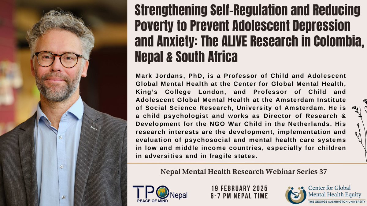Meet Our Speaker – Dr. Mark Jordans!

Join the 37th NMHRN Webinar on Feb 19, 2025 🧠🌍

📌 Topic: Strengthening Self-Regulation &amp; Reducing Poverty to Prevent Adolescent Depression &amp; Anxiety

🕕 Time: 6-7 PM Nepal Time
🔗 Register: docs.google.com/forms/d/e/1FAI…