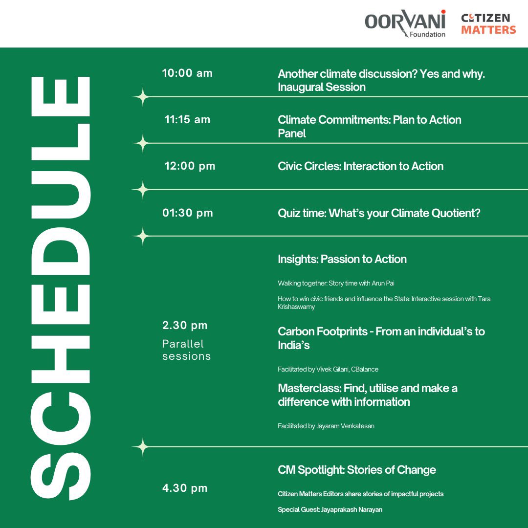 This Saturday, will have weather and climate!

Free.

Register and come off to BIC:

Feb 8, Civic Summit: oorvani.org/civic-summit