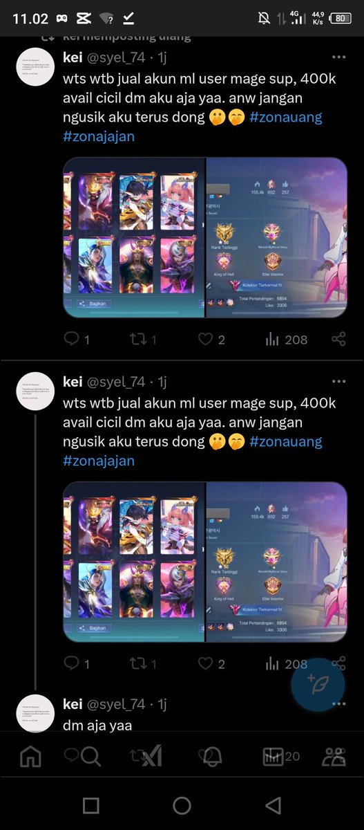 shennzzi's tweet image. ati-ati ya yang mau beli akun di twit, jangan kegiur harga murah pokoknya. orang ini udah lama jadi scammer/ripper, akun yang ditawarin juga ga pernah ganti cuma gonta-ganti akun tiwtter aja. mana main block cuih cupu 

t. wts wtb akun ml #zonauang #zonajajan