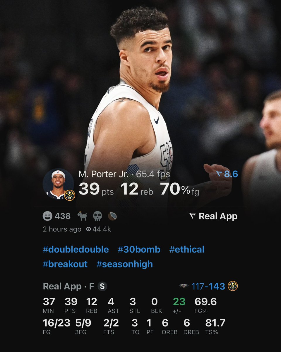 TheHoopCentral's tweet photo. MICHAEL PORTER JR. TONIGHT:

39 POINTS
12 REBOUNDS 
4 ASSISTS
3 STEALS
70% FG

(via @realapp) https://t.co/cbu0oDEmlU