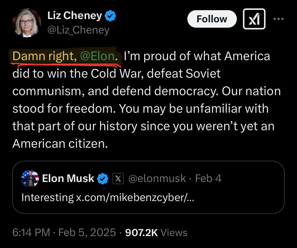 MikeBenzCyber's tweet image. “Damn right I was spawned out of USAID.” 
- Liz Cheney