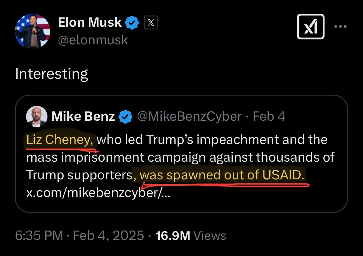 MikeBenzCyber's tweet image. “Damn right I was spawned out of USAID.” 
- Liz Cheney