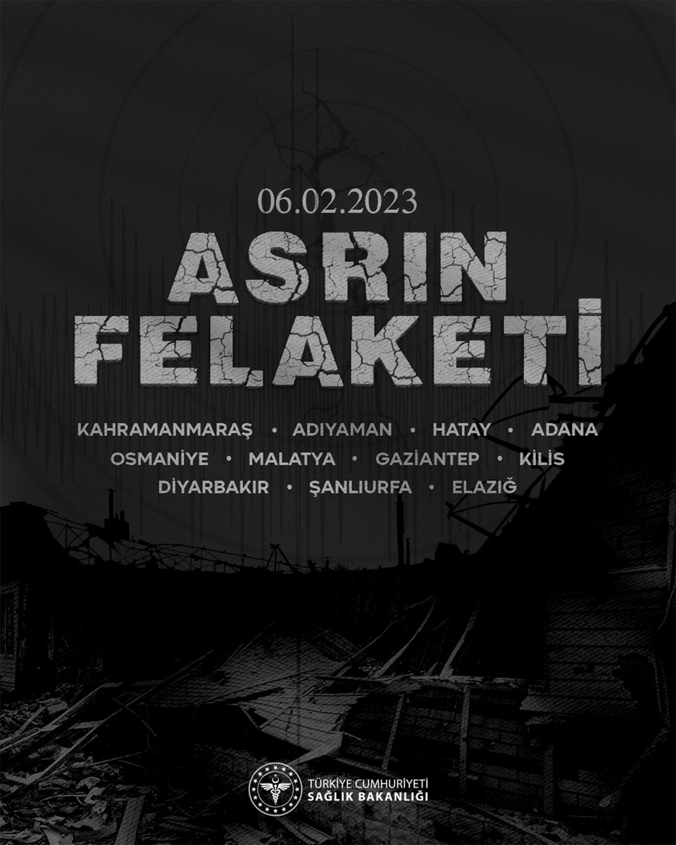 saglikbakanligi's tweet photo. 6 Şubat 2023’te meydana gelen Kahramanmaraş merkezli depremlerin üzerinden tam iki yıl geçti.

Asrın Felaketi olarak nitelendirilen depremlerde hayatını kaybedenleri bir kez daha rahmetle anıyoruz. 

#AsrınBirlikteliği
#BirOluruz 🇹🇷 https://t.co/y0e2wWAz7T