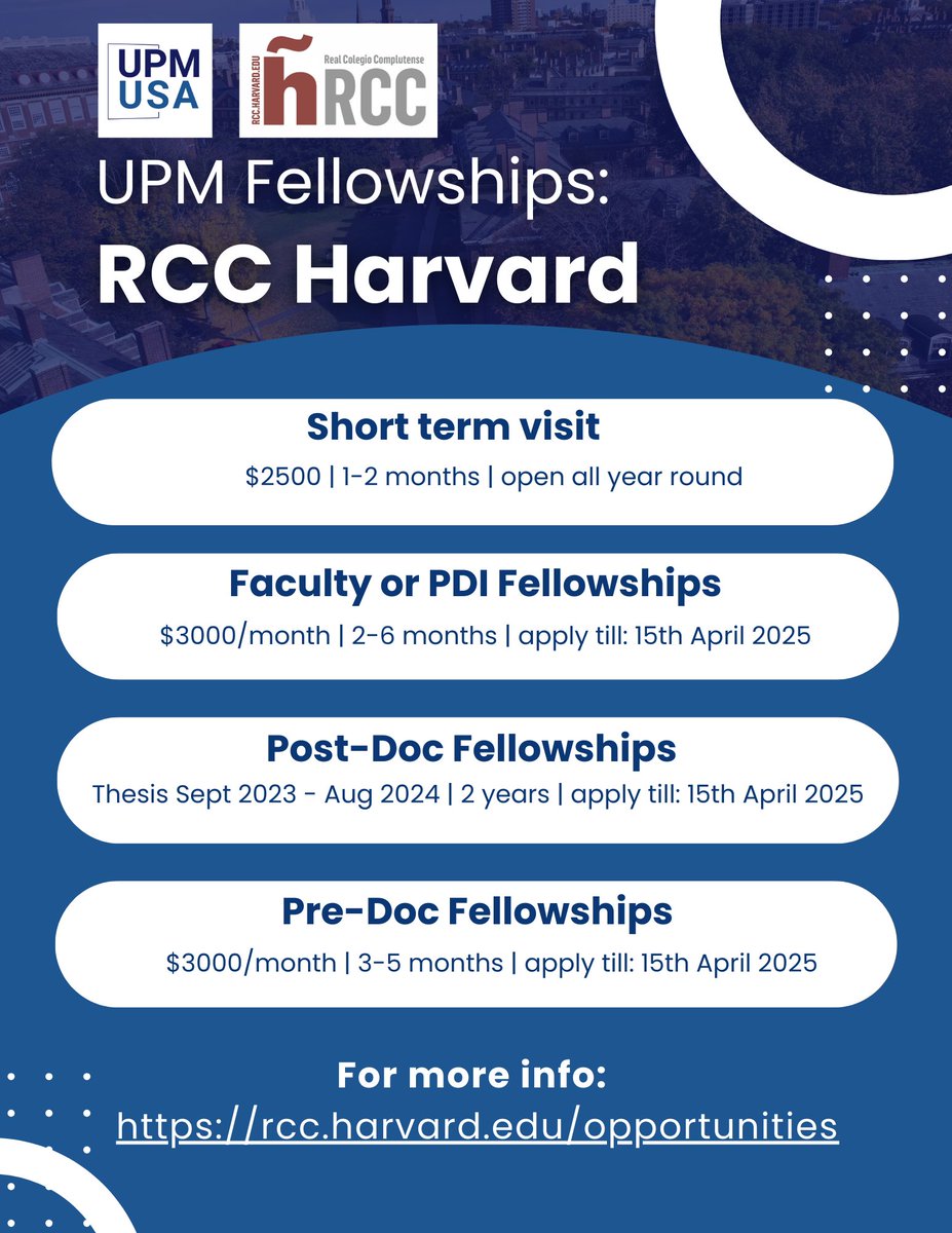 Harvard Scholarships for UPM Members! 
Short Term – $2,500 (4 weeks) // Faculty/PDI – $3,000/month (2–6 months) // Post-Doc – 2 years for PhDs (Sept 2023–Aug 2024) // Pre-Doc – $3,000/month (3–5 months) 

Info webinar: Feb 25, 14:00 h
Apply now: rcc.harvard.edu/opportunities 
#SomosUPM