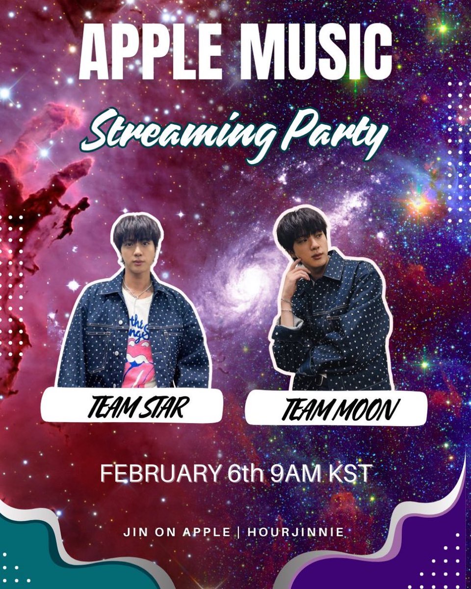 hourjinnie's tweet image. APPLE MUSIC STREAMING PARTY 🎉 

Get your AM accs ready to join one of two teams 🍎 let’s boost #JIN on BB charts together before tracking week ends 

 We are #TEAMSTAR !

Use the playlists below and drop a screenshot with your hashtag if you’re team star, winning team is the