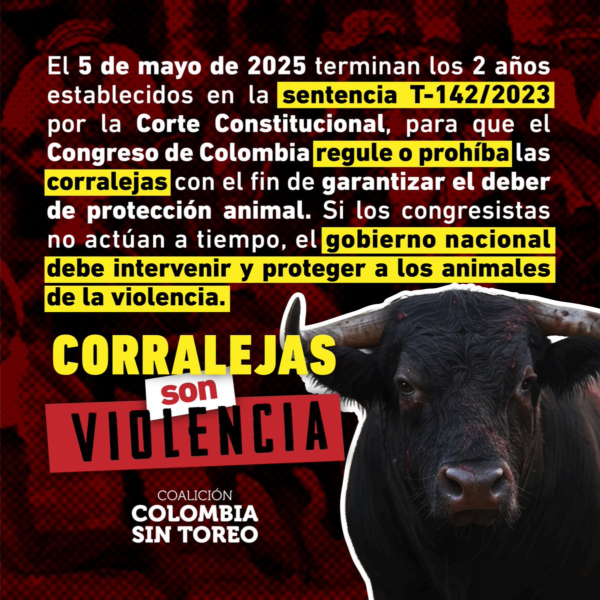 #ATENCIÓN
Frente a la inacción del Congreso para prohibir o regular las corralejas en el tiempo establecido por la <a href="/CConstitucional/">Corte Constitucional</a>, solicitamos al Gobierno Nacional acciones para detener estas prácticas violentas.
#NoMásCorralejas
Más información: corteconstitucional.gov.co/relatoria/2023…