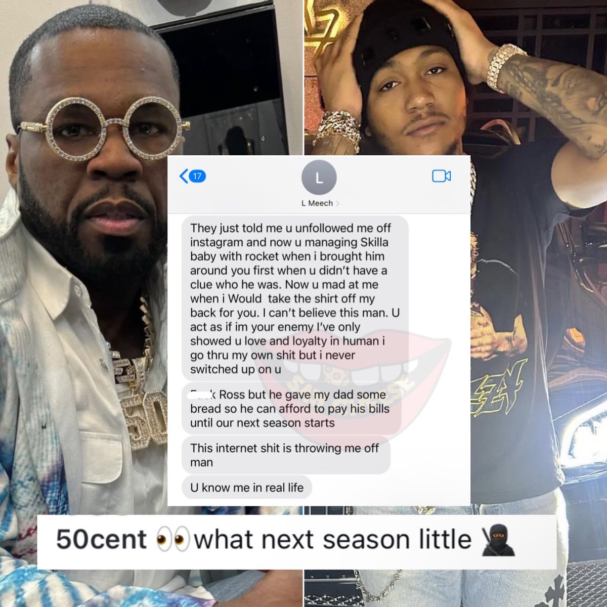 SaycheeseDGTL's tweet image. 50 Cent shares text from Lil Meech, who explains why his father linked up with Rick Ross: “F-ck Ross but he gave my dad some bread so he can afford to pay his bills until our next season starts”