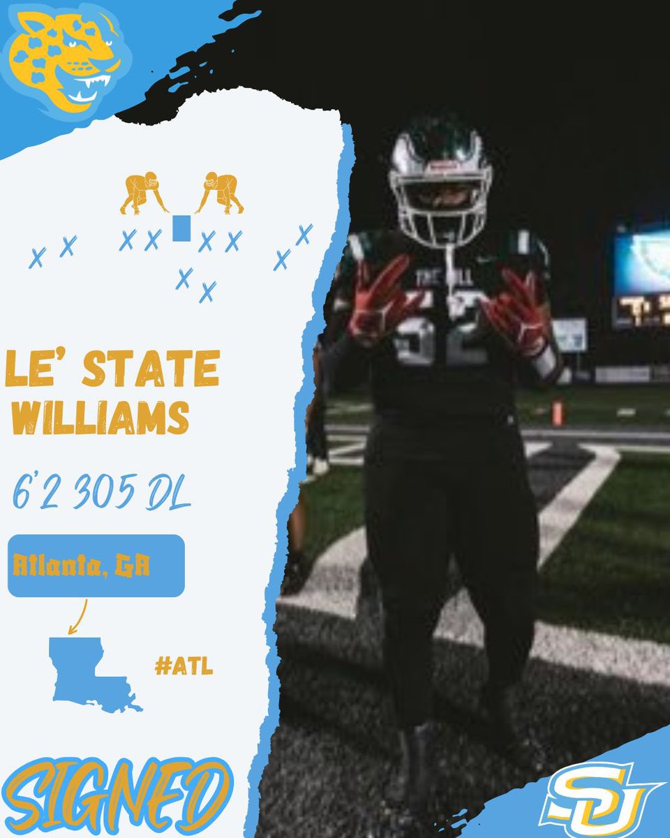 SU Recruiting Spotlight (@recruit4su) on Twitter photo Class of 2025 6’2” 305lbs DL LeState Williams from Collins Hill High (Suwanee, GA) has officially signed to #SouthernUniversity
<a href="/KW__Toddy/">LeState Williams</a>
#GeauxJags Class of 2025 6’2” 305lbs DL LeState Williams from Collins Hill High (Suwanee, GA) has officially signed to #SouthernUniversity
<a href="/KW__Toddy/">LeState Williams</a>
#GeauxJags