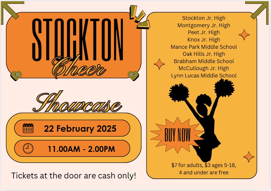 HornetBuzzMPMS's tweet image. Come out and support our MPMS Cheerleaders on February 22, 2025 from 11am-2pm at the Stockton Cheer Showcase.

cowfarmtickets.com/stocktoncheer

We will have concessions, food trucks, and vendors!

#MPMS2025 #BuildingChampions #CheerMPMS