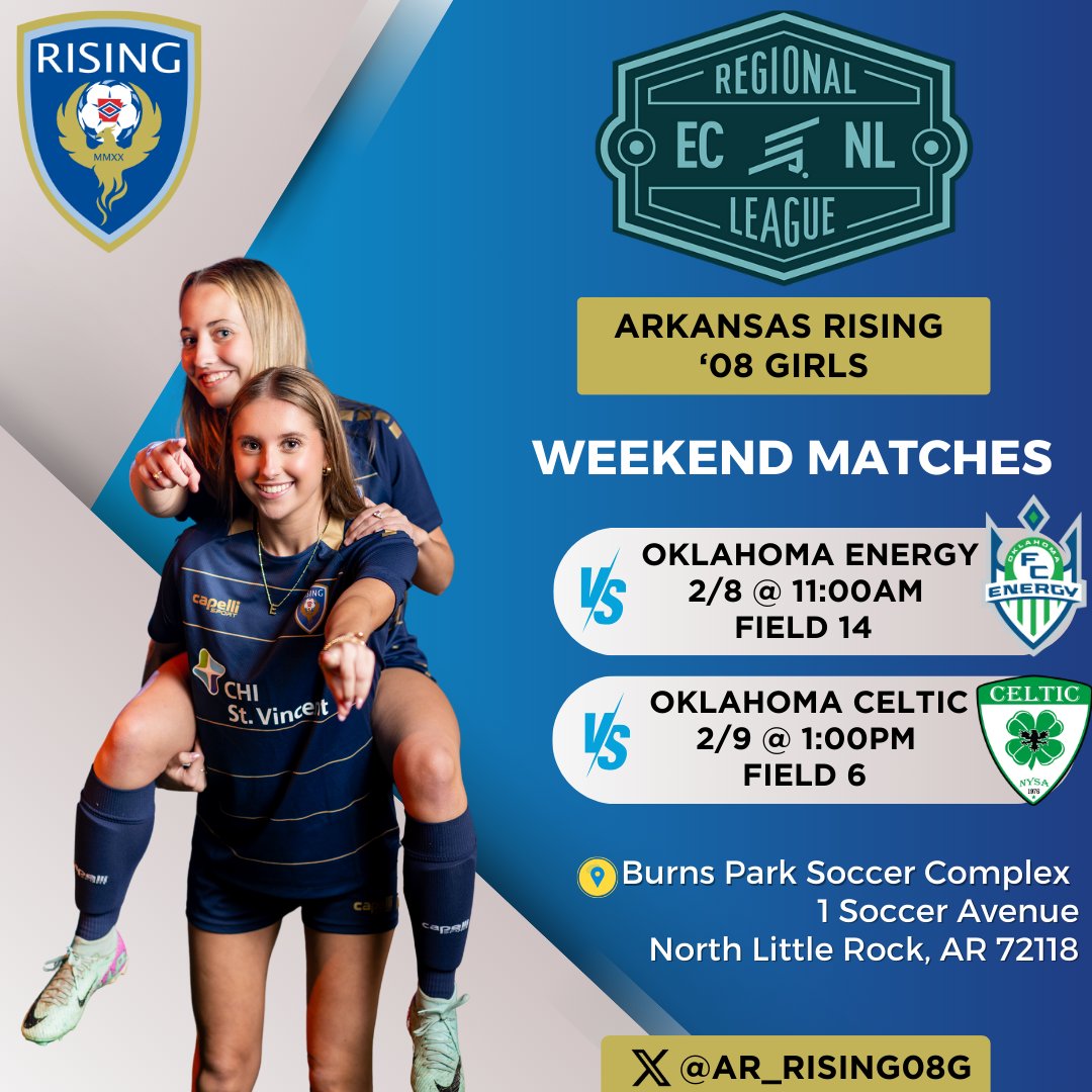 Excited for two games at home this weekend! Come check us out! <a href="/ECNLgirls/">ECNL Girls</a> <a href="/arkansasrising/">Arkansas Rising Soccer</a> <a href="/oefc08girlsecrl/">OEFC 08 Girls ECRL</a> <a href="/OKCELTICGECNLRL/">Oklahoma Celtic Girls ECNL RL</a>