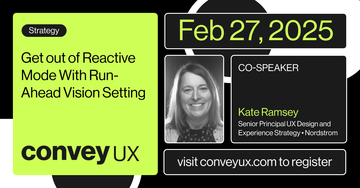 How do you break free from reactive work and drive UX vision? 🚀 Join Kate Ramsey &amp; Nordstrom’s UX Principal team at #ConveyUX as they share strategies for aligning teams, gaining executive buy-in, and turning discovery into a clear product vision.
👉 conveyux.com/sessions/visio…