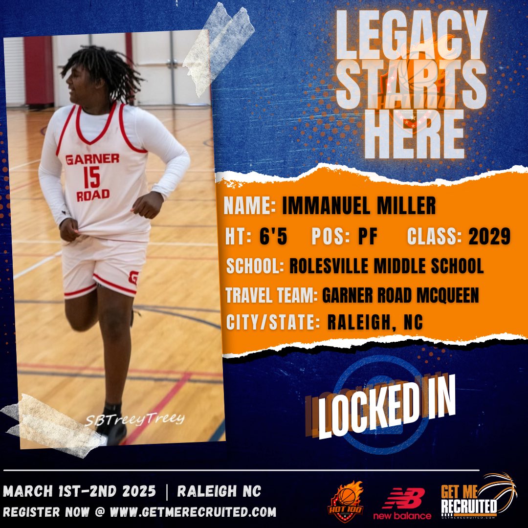 Immanuel Miller (NC) is confirmed for the Hot 100 Middle School Showcase happening March 1-2nd, 2025 in Raleigh, NC!!!
#GMRHoops #Hot100 #GetMeRecruited