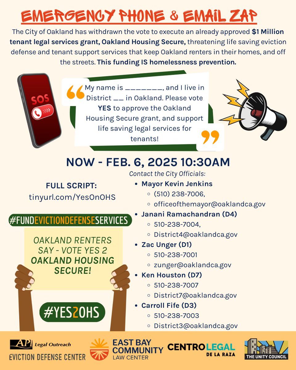 We are urging Oakland Mayor Jenkins, City Council, and the City of Oakland Administrator to put the Oakland Housing Secure (OHS) contract approval back on the agenda for a vote, and APPROVE the contract, which funds legal services for tenants.
SCRIPT: tinyurl.com/YesOnOHS