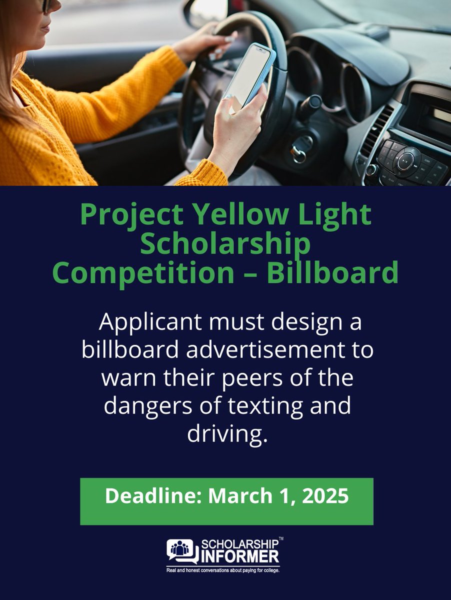 ScholarshipHQ's tweet image. #Scholarship: Applicants must design a #billboard advertisement to warn their peers of the dangers of #textinganddriving.

Due by 3/1/25: siapply.today/TZyT

#OwnYourDegree #scholarships #scholarships2025 #distracteddriving #drivesafe