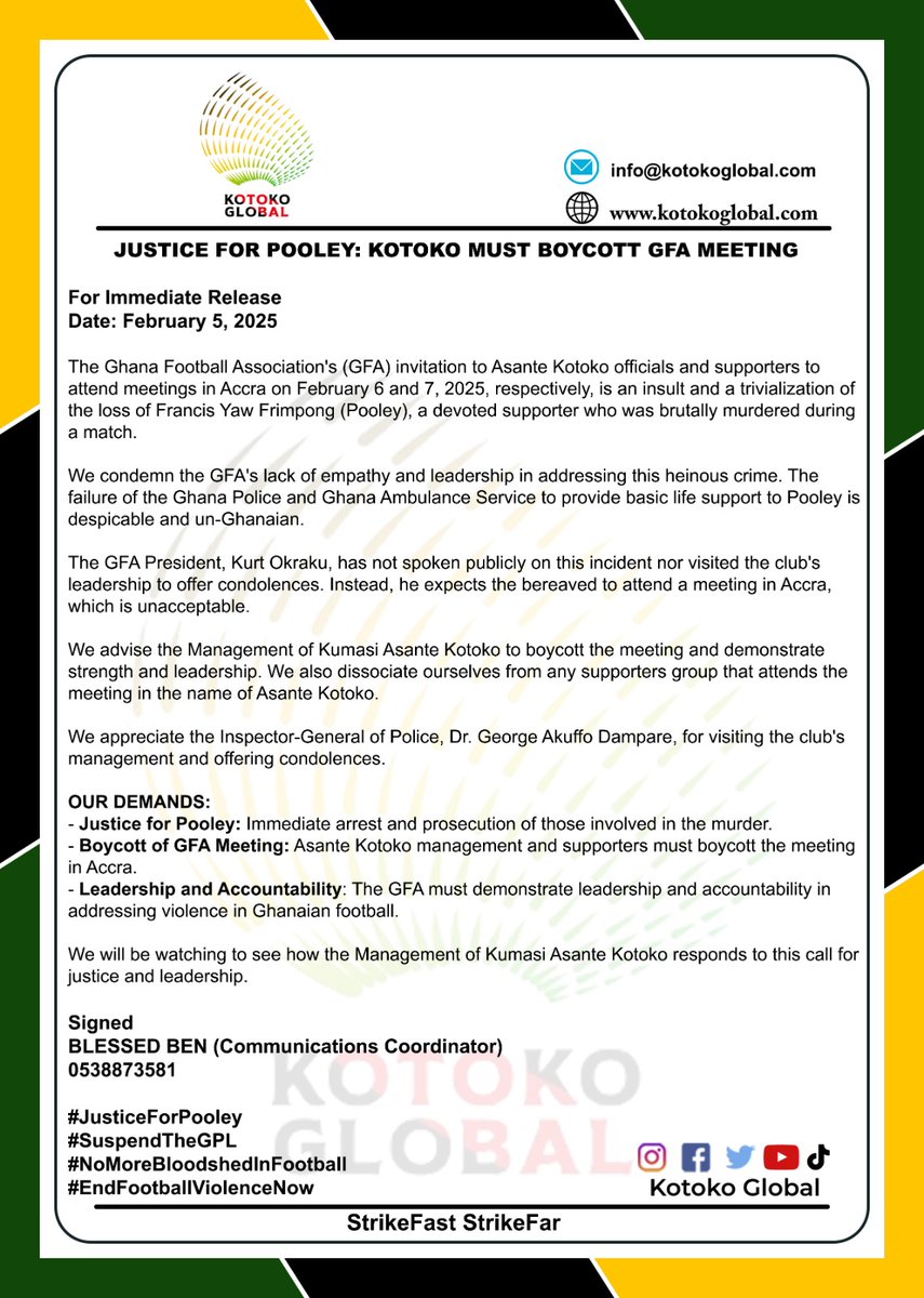 Press Release 
#JusticeForPooley #SuspendTheGPL #NoMoreBloodshedInFootball #EndFootballViolenceNow
#KotokoBeyond3Points