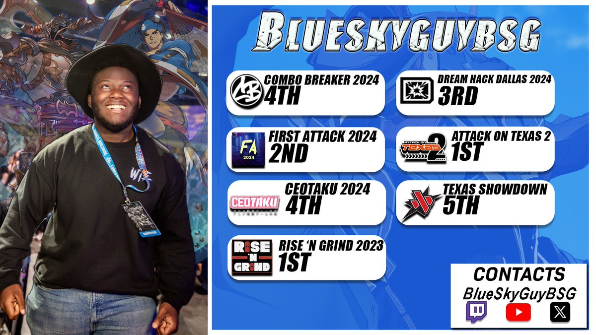 Hello! My name is Alvin Jackson but most people know me as BlueSkyGuyBSG. I'm a streamer avid competitor in Granblue Fantasy Versus Rising and Guilty Gear Strive. I'm currently looking for a sponsor to help me fund travel for events in the future.
