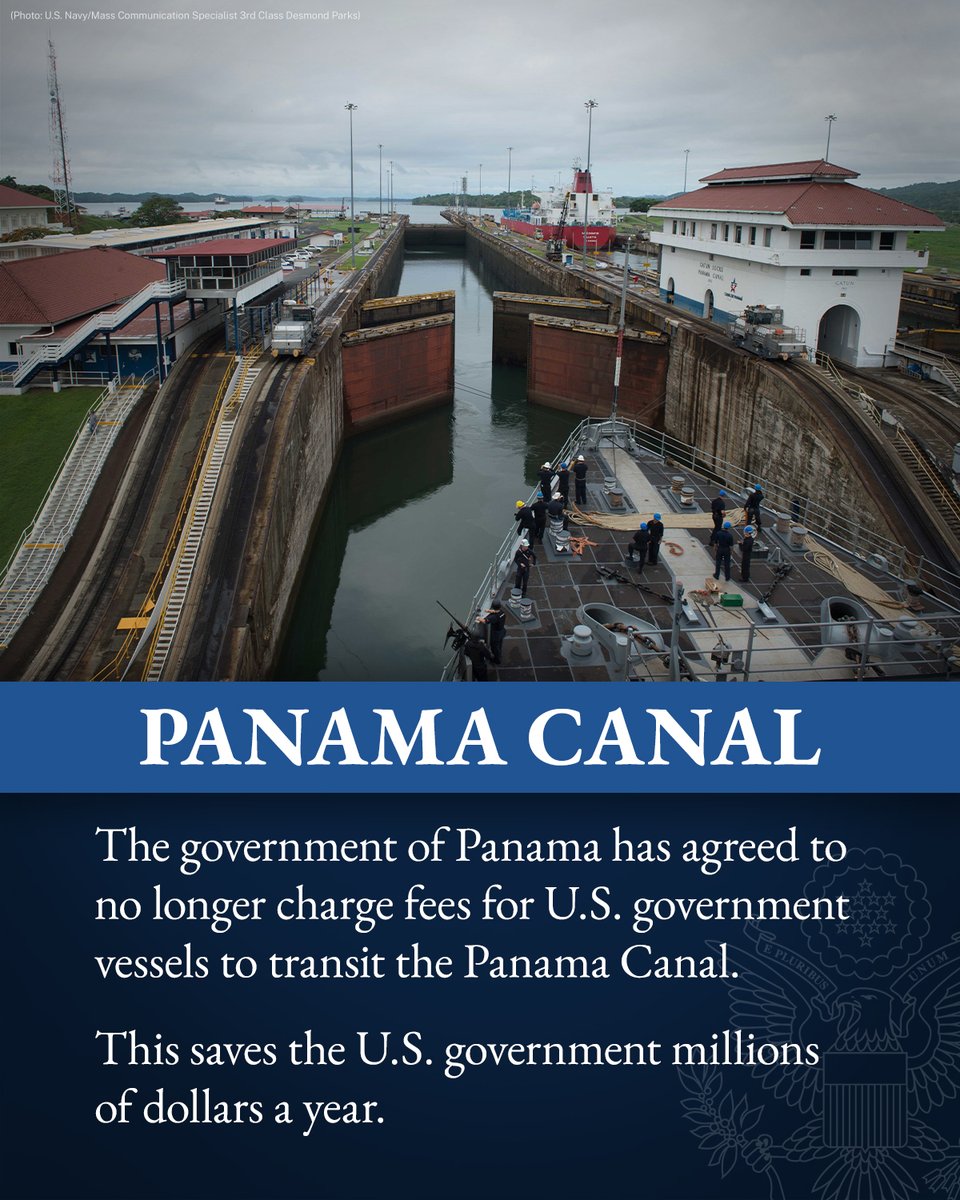 StateDept's tweet photo. U.S. government vessels can now transit the Panama Canal without charge fees, saving the U.S. government millions of dollars a year. https://t.co/G4gV2mHu7O