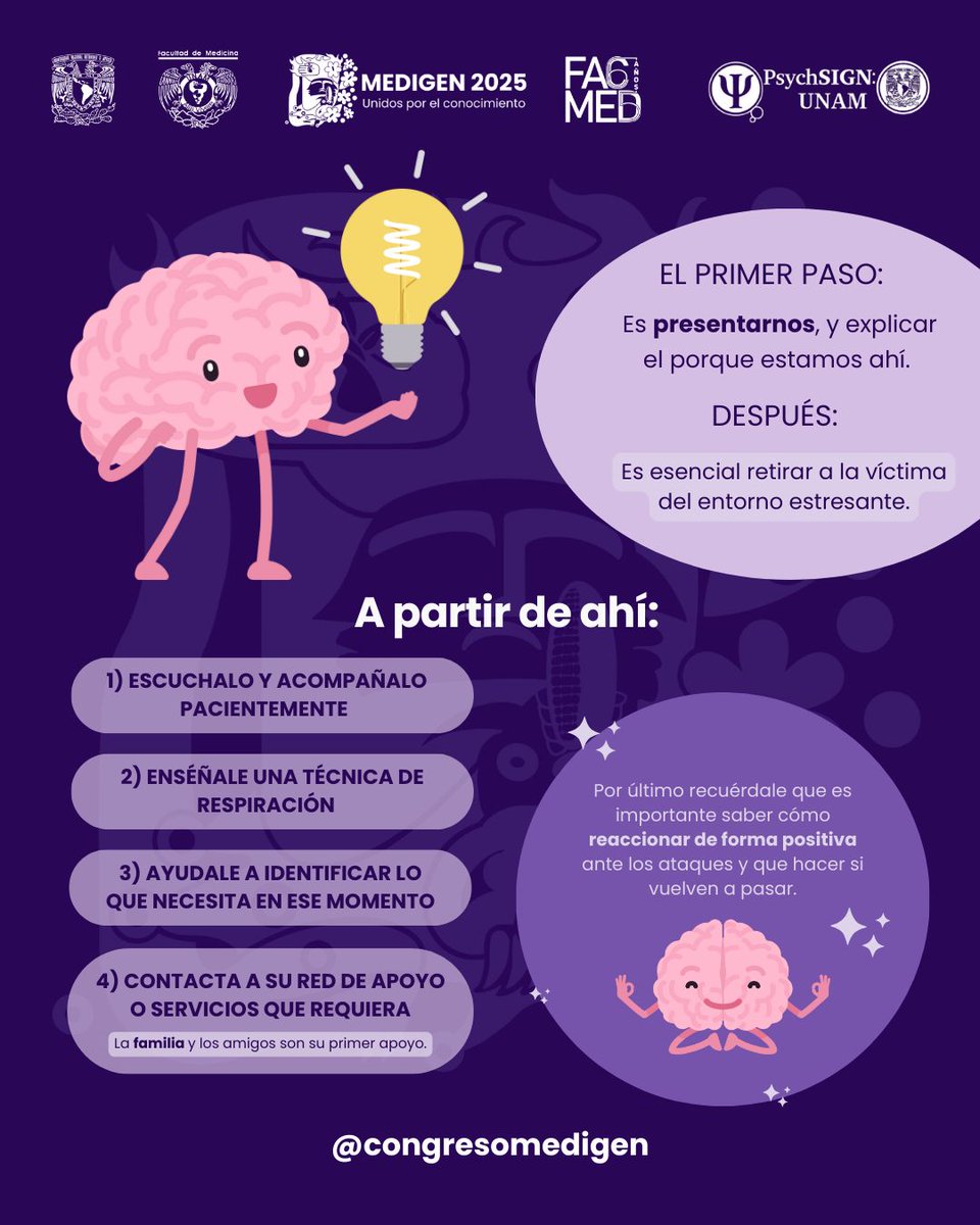 congresomedigen's tweet photo. 😰 ¿Sabes qué hacer ante un ataque de pánico? Sentir palpitaciones, dificultad para respirar y miedo intenso puede ser abrumador, pero existen herramientas para afrontarlo 🧠✨

Ven al Congreso MEDIGEN y adquiere más conocimiento sobre este y muchos otros temas de salud mental🪻 https://t.co/CXbzatwliv