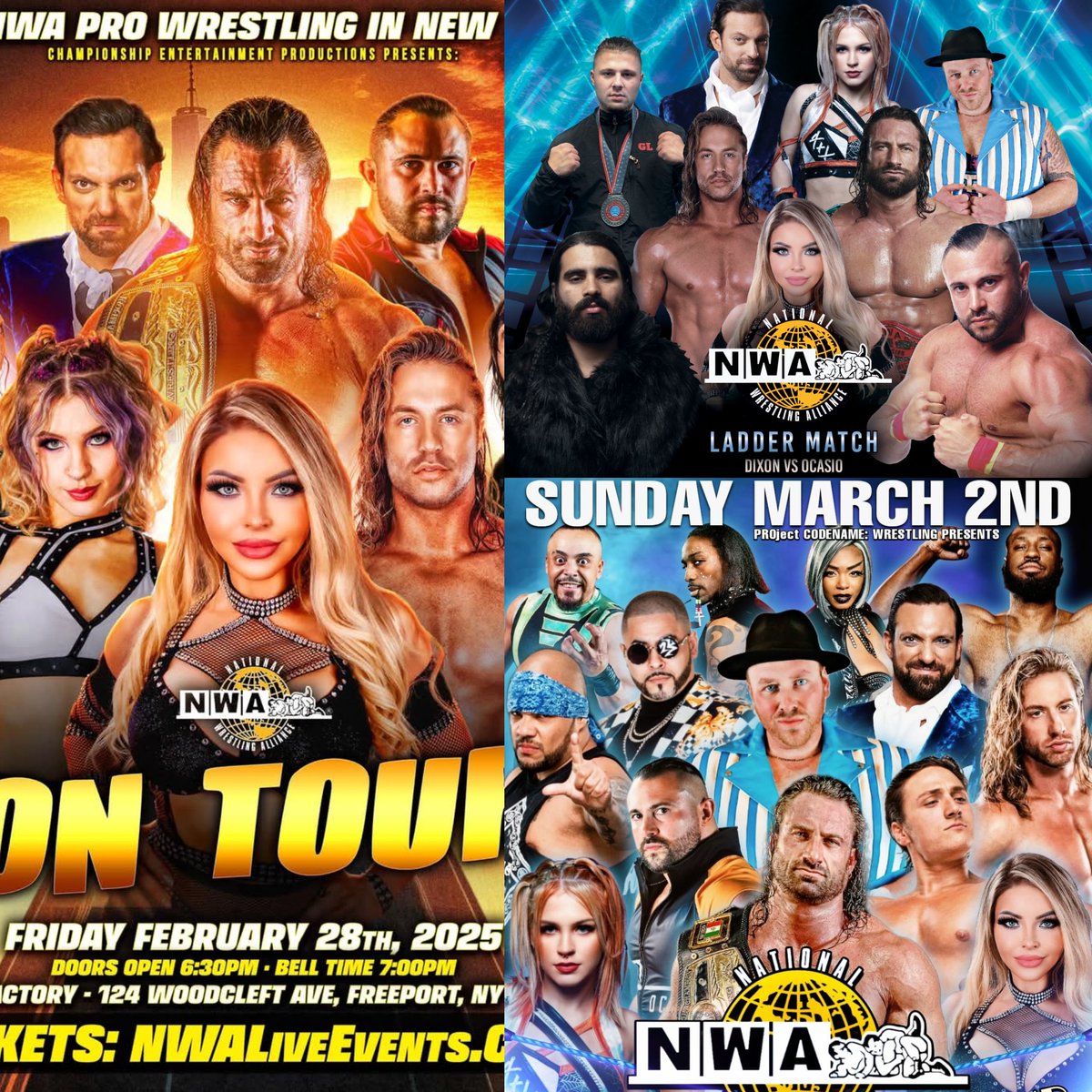 PROject_CW's tweet photo. *TRIPLE SHOT WEEKEND*
Brought to you by @nwa @CEPprowrestling &amp; #thePROject!

Freeport NY -Fri Feb 28
Greenport NY -Sat Mar 1
Wallington NJ -Sun Mar 2

🎟⬇️
https://t.co/kqLRvw3fGB
Or
https://t.co/31osVld1Ne

#NWA World's Title defended EVERY NIGHT! @Thomas_Latimer_

#NWAonTOUR! https://t.co/EJBlFSKuao