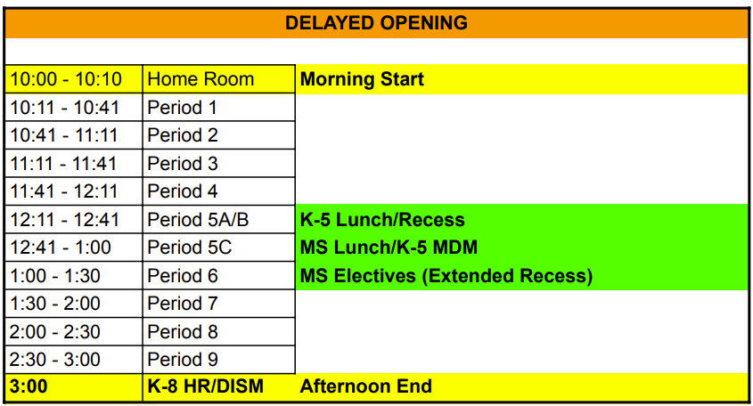 Please be advised that due to the inclement weather forecast, the H.W. Mountz School will be operating on a Delayed Opening Schedule tomorrow, Thursday, February 6, 2025.

Students are expected to arrive for a 10:00 AM opening.