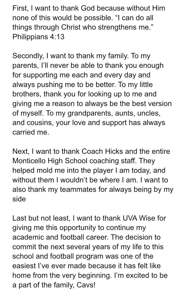 I am extremely blessed to announce my commitment to <a href="/UVAWiseCavsFB/">UVA Wise Football</a>! #PEWAV