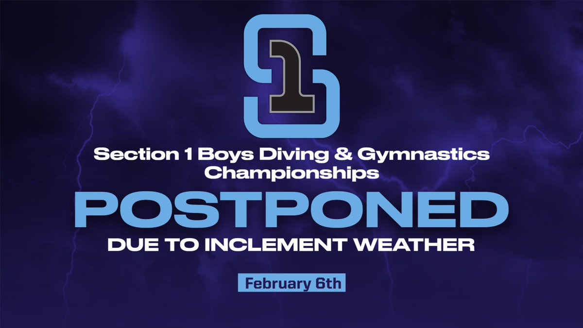 SecOneAthletics's tweet image. Due to the impending weather, the following changes have been made to Thursday's championship schedule:

Boys Diving, Friday, 2/7, 5pm at Purchase College
Gymnastics, Tuesday 2/11, 10am at Eclipse Gymnastics