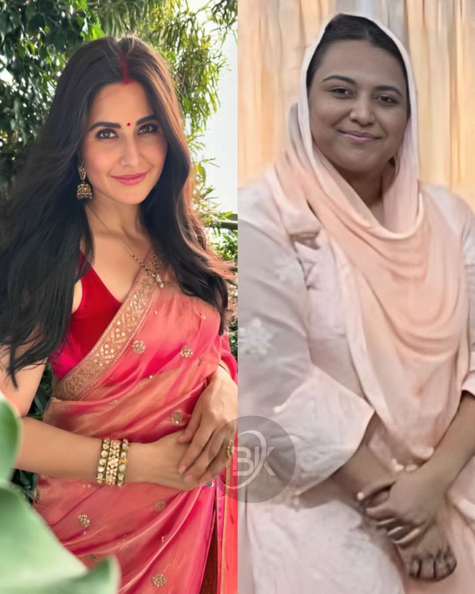ByRakeshSimha's tweet photo. The first picture is of Katrina Kaif who is looking terrible under the grip of Brahminist patriarchy after marrying Vicky Kaushal. 

The second image is of Swara Bhaskar who is beaming in beauty after marrying Fahad Ahmed. The aura of the Mughals is radiating from her face.