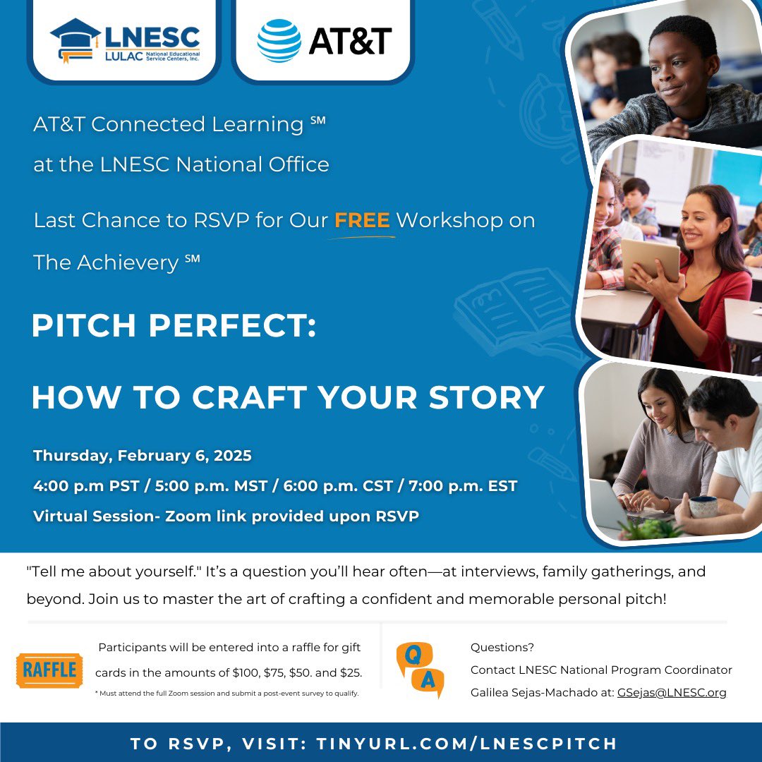 Last chance to RSVP for Our Free Workshop! 

 This workshop it tailored to help ou master your personal pitch &amp; stand out in interviews + networking!

📅 Feb 6 | ⏰ 4 PM PST | 7 PM EST | 📍 Virtual

📌 RSVP: 🔗 tinyurl.com/lnescpitch

#freeworkshop #education