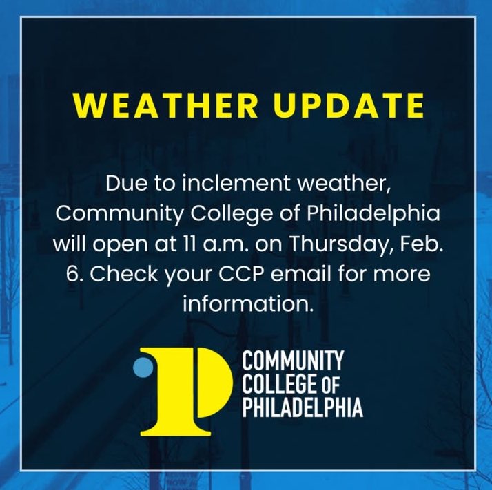 CCPIntl's tweet image. The College will open at 11am Thursday, February 6th. Check your email for more info!