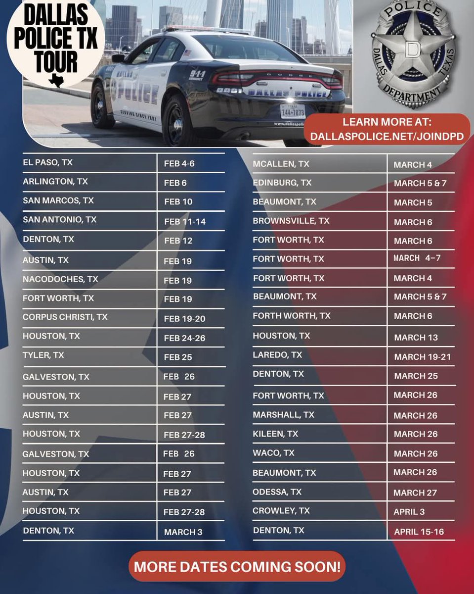 DPDRecruiting's tweet image. 🚔 Dallas PD is Hitting the Road! 🚔

The Dallas Police Department’s TEXAS TOUR is underway! 

 Visit dallaspolice.net/joinDPD to learn more or call 214-671-4409 to speak with a recruiter today.

More cities coming soon—stay tuned! #JoinDPD #TexasTour #DPDRecruiting