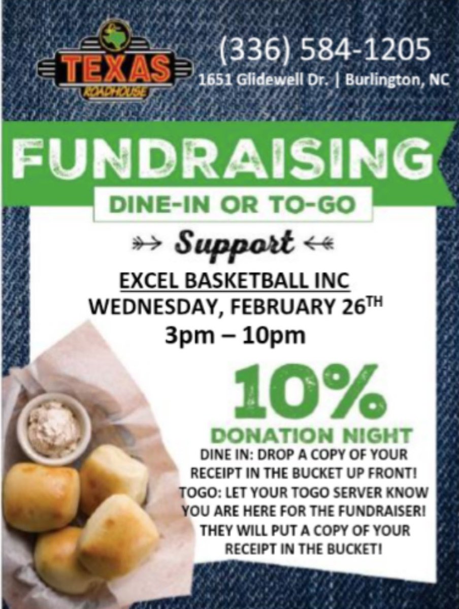 🏀🥩 Join us for the Excel Basketball Fundraiser at Texas Roadhouse on February 26th from 3 PM to 10 PM! Enjoy delicious food while supporting our team. A portion of your meal will help us reach our goals! Bring your friends and family! 🎉🙌 #ExcelTitans #TexasRoadhouse