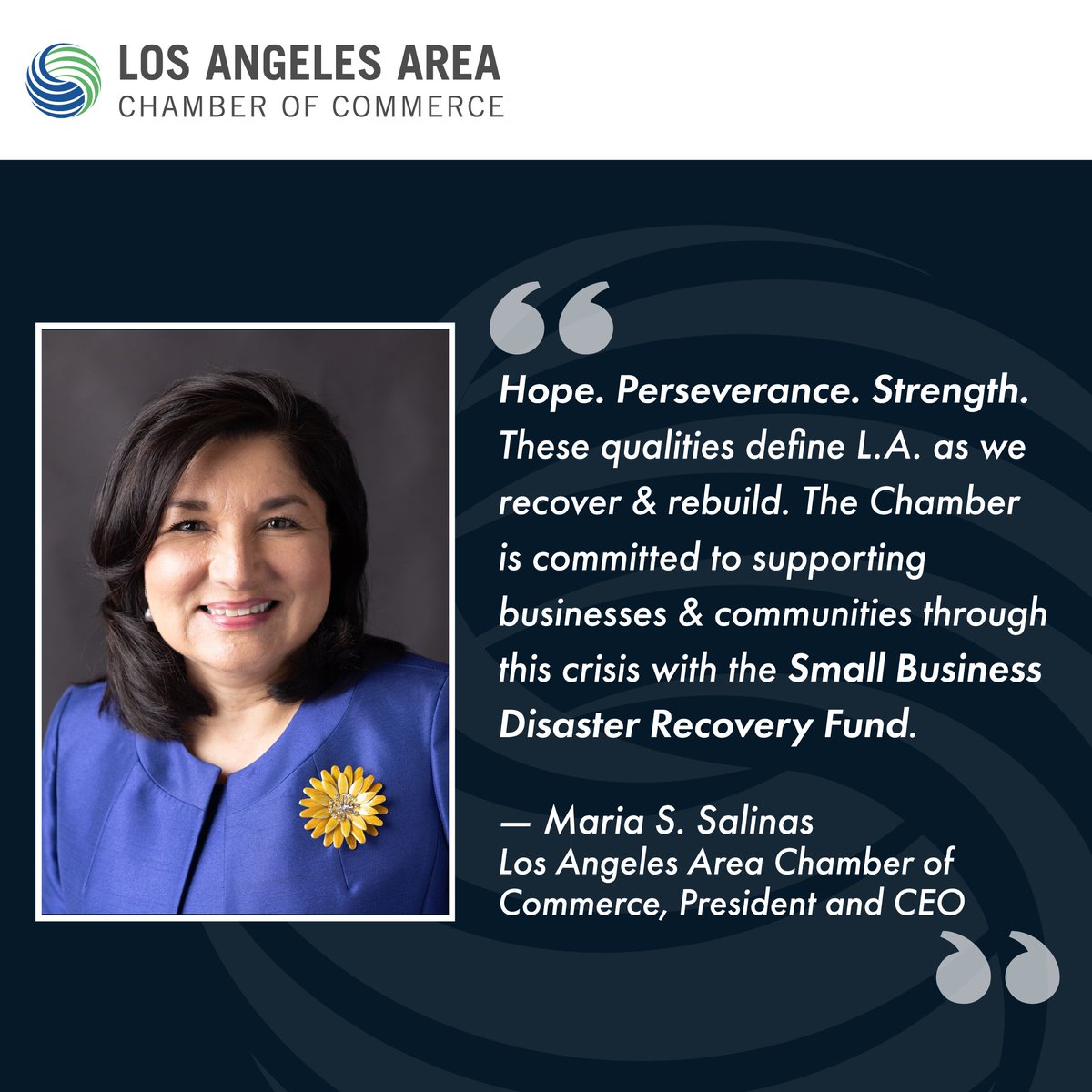 "Hope. Perseverance. Strength. These qualities define L.A. as we recover &amp; rebuild. The Chamber is committed to supporting businesses &amp; communities through this crisis with the Small Business Disaster Recovery Fund." - <a href="/LAChamberMaria/">Maria Salinas</a>