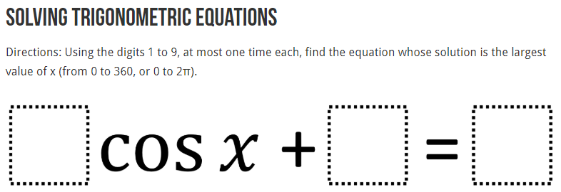 Robert Kaplinsky (@robertkaplinsky) on Twitter photo This cosine equation problem from <a href="/MrSurti/">Mishaal Surti</a> will challenge students to think about how constants and coefficients affect it's value. Hints and answers on <a href="/openmiddle/">Open Middle</a>:
openmiddle.com/solving-trigon… This cosine equation problem from <a href="/MrSurti/">Mishaal Surti</a> will challenge students to think about how constants and coefficients affect it's value. Hints and answers on <a href="/openmiddle/">Open Middle</a>:
openmiddle.com/solving-trigon…