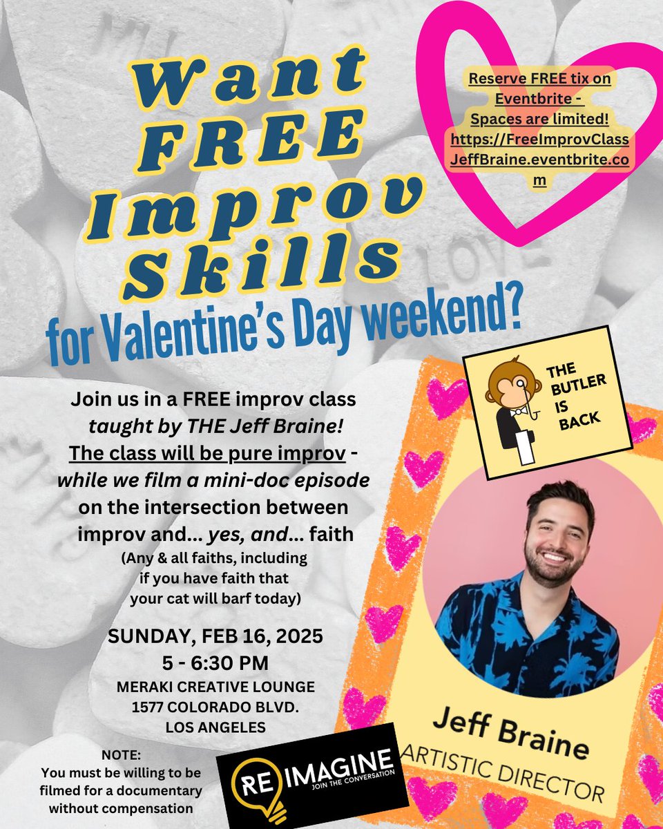dcobia's tweet image. 🔥 FREE Improv Class + Documentary!
Learn from Jeff Braine (HIMYM)
📅 Feb 16, 2025 |5-6:30PM, 📍 Meraki, LA
🎥 Be in mini-doc for &quot;Jumping the Path&quot;
🎭 No scripts, just laughs! ✅18+ • Release • No logos
#ImprovClass #FreeEvent #DocFilming #JeffBraine