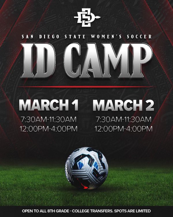 We are less than a month away from our 4 single day ID camps! Each date has the option for a morning and afternoon session. 

Open to all 8th grade-college transfers. A few of the camps are almost sold out! . Sign up at aztecwomenssoccercamps.com/shop/EVENT for your chance to become an Aztec!