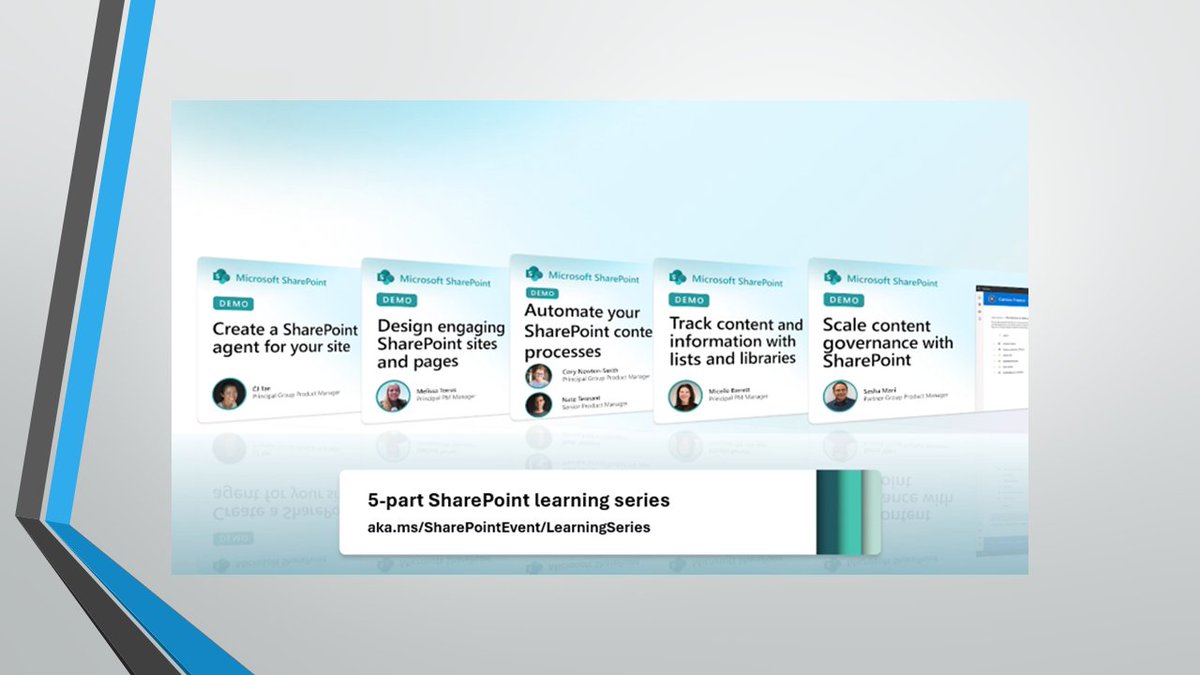 The 🆕 5-part SharePoint learning series... in one tweet-thread.

Learn more about:
1️⃣ SharePoint agents
2️⃣ Sites and pages
3️⃣ Lists and libraries
4️⃣ Business automation
5️⃣ Managing content at scale; #Governance 

🧵 1of6
▶️ Continue scrolling and watching...