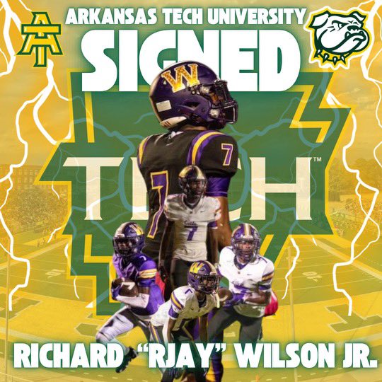 Blessed to sign with <a href="/ATUFootball/">Arkansas Tech Football</a> can’t wait to get to work💚💯
<a href="/LavelleWilsonJ1/">Lavelle Wilson Jr.</a> <a href="/FrankEspy/">Frank Espy</a> <a href="/RoyThompsonFB/">CoachThompson</a> @WossmanWildcat_ <a href="/RamonWooten_2/">Ramon Wooten</a>