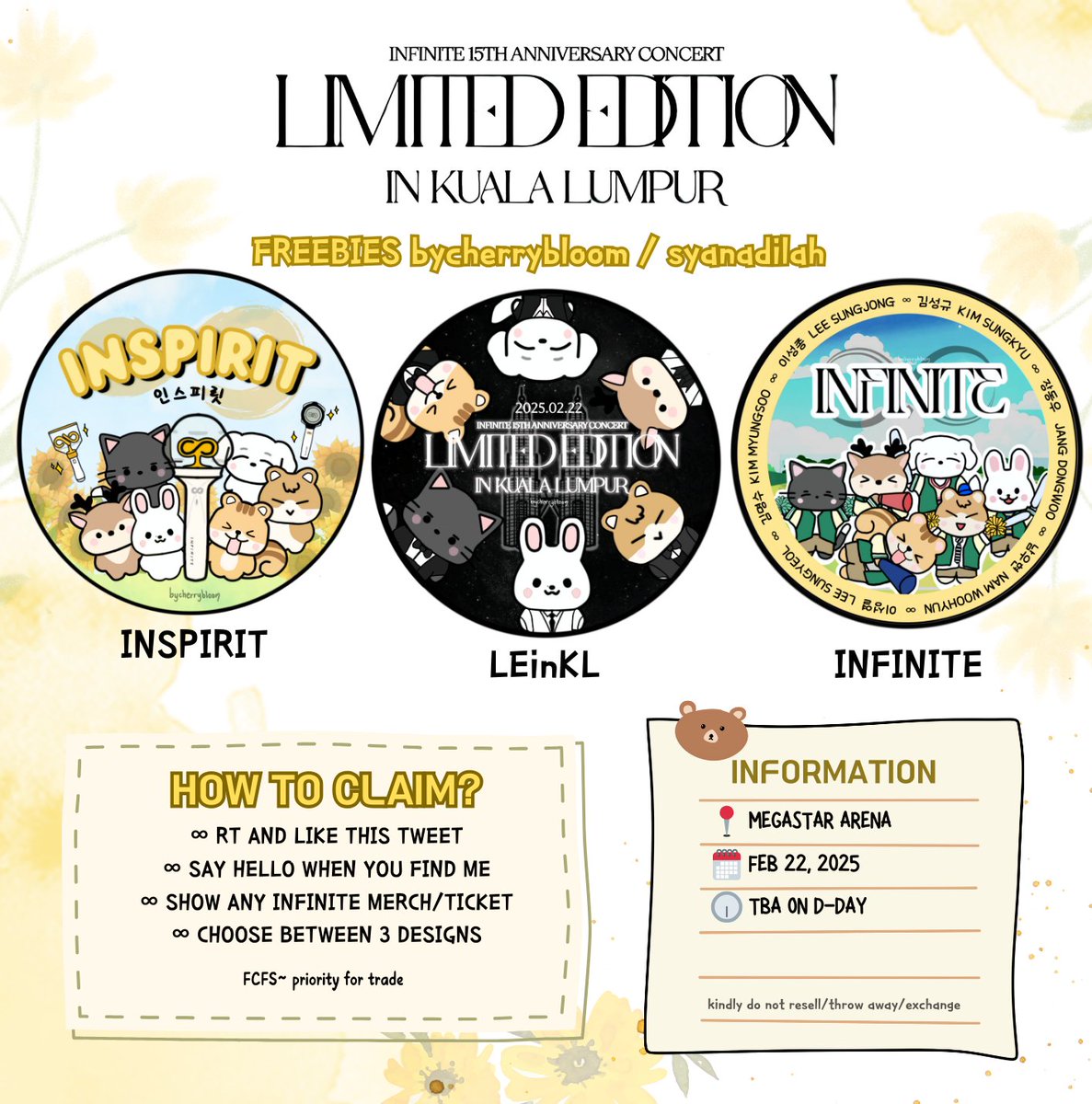 syanadilah's tweet photo. 💛 #INFINITE LIMITED EDITION CONCERT IN KUALA LUMPUR 💛

Freebies @bycherrybloom / @syanadilah 

✨️ BUTTON BADGE ✨️

will include candies &amp; stickers too!

See you there ^^ 

#INFINITEinMY #INFINITEinKL #LIMITED_EDITION #인피니트  #LIMITED_EDITION_IN_KUALALUMPUR https://t.co/mmVrnKg2Jv