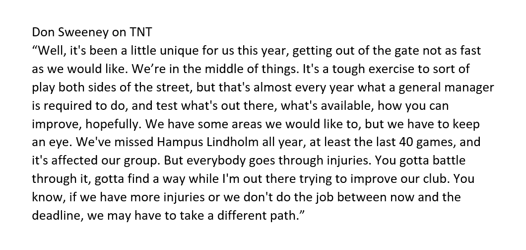 smclaughlin9's tweet image. Here is Don Sweeney's full answer on TNT regarding the Bruins' approach to the trade deadline: