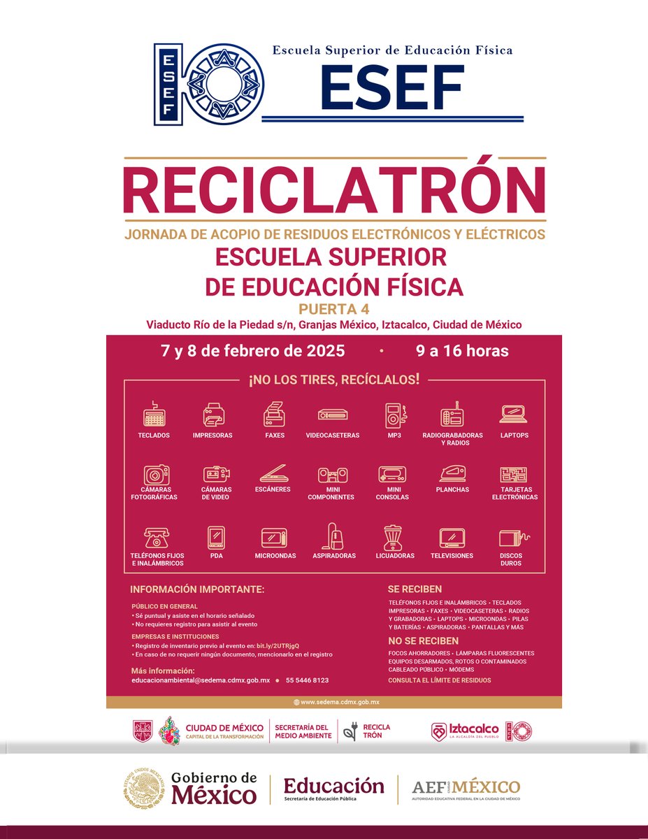 redesesefcdmx's tweet photo. @redesesefcdmx RECICLATRÓN JORNADA DE ACOPIO DE RESIDUOS ELECTRÓNICOS Y ELÉCTRICOS EN LA ESEF EL 7 Y 8 DE FEBRERO DE 2025. ¡PARTICIPA! https://t.co/Mcq086bCZD