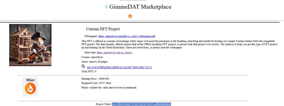 Have you ever wanted to create your own "Custom NFT Project"?

Now you can! 😃 Just head over to the GimmeDAT marketplace and purchase this service now:

thetapollinator.org/dsn/?agent=600…
