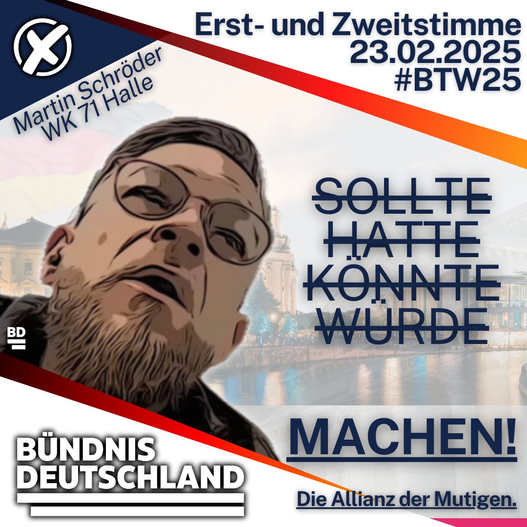 SchroederMartin's tweet photo. Am 23.2.25 ❌ BÜNDNIS DEUTSCHLAND statt Ideologie oder leere versprechen!

Werdet Mitglied!
https://t.co/aPkfnLPagZ

Hier geht es zu unserem Wahlprogramm:
https://t.co/f6HExWGZON

#Halle #Wahlkreis71 #Landsberg #Sandersdorf #Zörbig #Kabelsketal #Petersberg https://t.co/wCAv9WzRDO