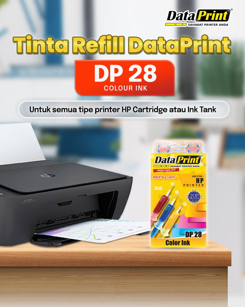 dataprintindo's tweet image. DataPrint Tinta Refill HP DP28 (cyan, magenta, yellow) - Tinta Suntik Original Refill untuk semua tipe printer HP.

Tabung sudah dilengkapi petunjuk volume tinta dan jarum untuk merefill. Compatible dengan semua tipe printer HP
#produk #dataprint #produkdataprint #tintarefillhp
