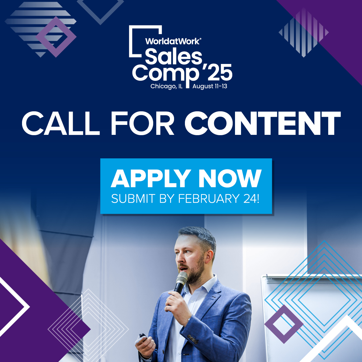 WorldatWork's tweet image. Got insights to spark change? We’re seeking dynamic speakers for #SalesComp25! Share your expertise in #salescompensation, #salesoperations, or #salesanalytics. Submit by FEB 24 to shape the conversation this August11-13, 2025, in Chicago! bit.ly/40RTgK4