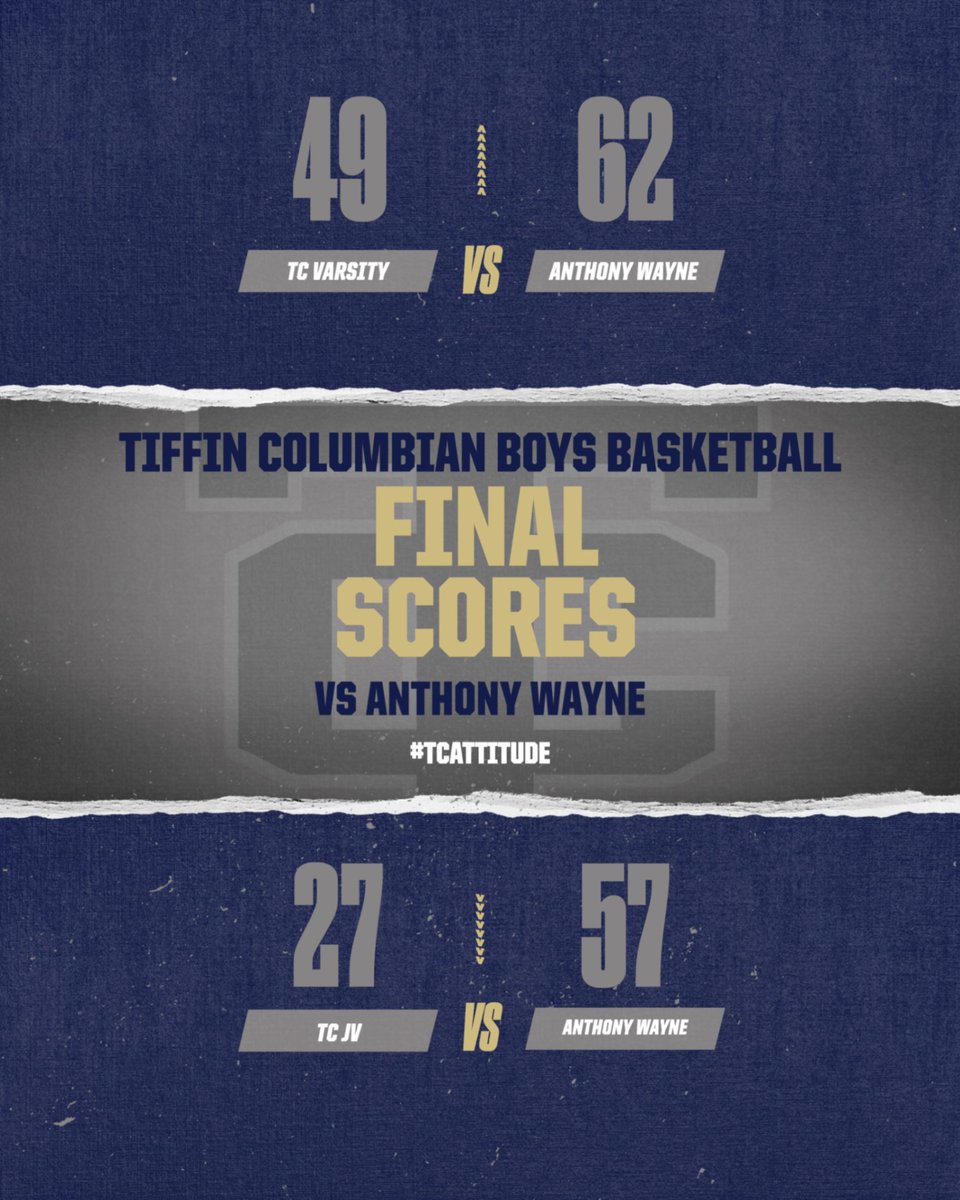 Finals from TC tonight:
Varsity drops a tough one to Anthony Wayne out of the NLL, 49-62.  JV also loses to the Generals, 57-27. SBC-Lake leading Sandusky comes to Tiffin on Friday to take on the Tornadoes.  9th grade tips at 4:30pm.
#TCattitude