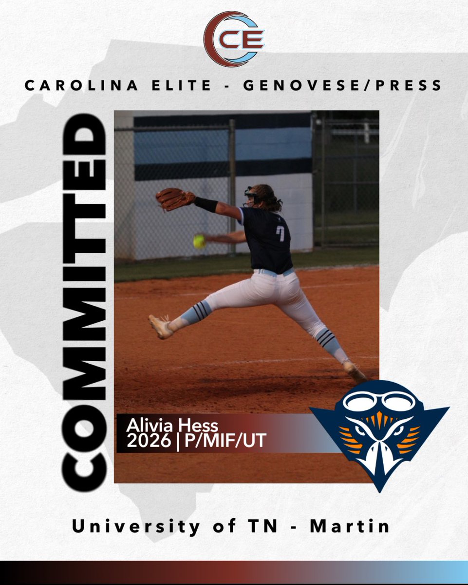 @CarolinaEliteOrg (@carelitencorg) on Twitter photo 🚨Commitment Alert 🚨
Closing out our alerts for today, a big congratulations to Alivia Hess, a '26 P/UT who is headed to UT-Martin to continue as a student athlete with Coach Farmer and staff! <a href="/ScGenovese/">Carolina Elite SC National-Genovese</a> <a href="/hess_alivia/">Alivia Hess</a> @UTMSports 🚨Commitment Alert 🚨
Closing out our alerts for today, a big congratulations to Alivia Hess, a '26 P/UT who is headed to UT-Martin to continue as a student athlete with Coach Farmer and staff! <a href="/ScGenovese/">Carolina Elite SC National-Genovese</a> <a href="/hess_alivia/">Alivia Hess</a> @UTMSports