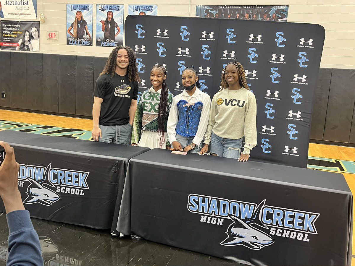 Shadow Creek Track (@sharktrackschs) on Twitter photo Four of our athletes signed National Letters of Intent today which is a direct dividend of the deposits they have made to achieving success. <a href="/abara_alonzo/">Alonzo Abara</a> ><a href="/Montevallo/">University of Montevallo</a> <a href="/LailahHudson/">Lailah Hudson</a> ><a href="/MeanGreenTFXC/">UNT Track & Field/Cross Country</a> <a href="/amainewman/">Amai “MyMy” Newman®️</a> ><a href="/UTEPTrack/">UTEP Track & Field/XC</a> <a href="/skylar_moody_/">Skylar M</a> ><a href="/VCUTracknXC/">VCU Track & Field/XC</a> Four of our athletes signed National Letters of Intent today which is a direct dividend of the deposits they have made to achieving success. <a href="/abara_alonzo/">Alonzo Abara</a> ><a href="/Montevallo/">University of Montevallo</a> <a href="/LailahHudson/">Lailah Hudson</a> ><a href="/MeanGreenTFXC/">UNT Track & Field/Cross Country</a> <a href="/amainewman/">Amai “MyMy” Newman®️</a> ><a href="/UTEPTrack/">UTEP Track & Field/XC</a> <a href="/skylar_moody_/">Skylar M</a> ><a href="/VCUTracknXC/">VCU Track & Field/XC</a>