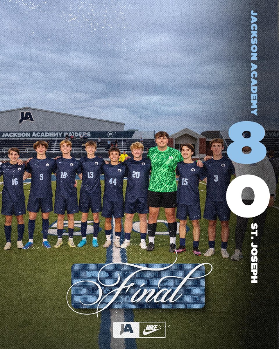 The Varsity Raiders closed out the regular season in style with a 8-0 victory over St. Joseph.

Thurs. St. Joseph @ 6pm

Goals: Rhodes Robinson (3), Ben Jones (3), Graves Haraway, Richard Sumrall
Assists: John Travelstead, Jacob Scarbrough, Will Newman, Richard Sumrall

#WeAreJA